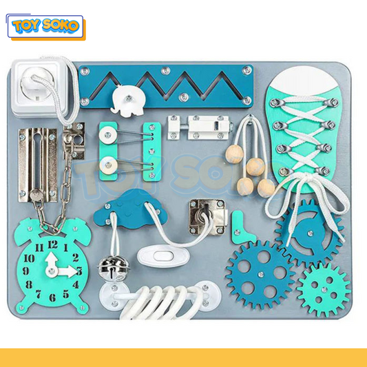 ToySoko Montessori sensory board features latches, gears, and a clock for early learning and motor skills development.