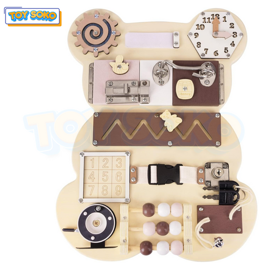 Busy board in a cute bear shape for sensory play and brain development toy