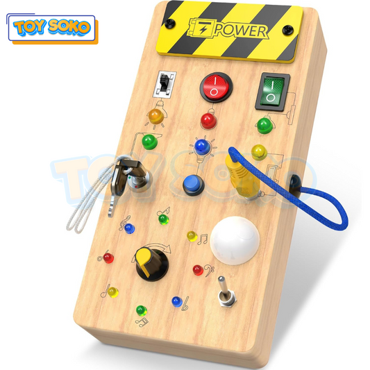 Busy board with LED lights for interactive toddler toys and learning