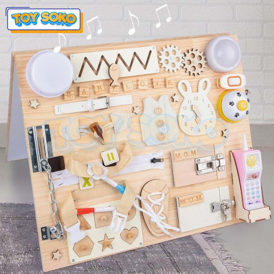 Montessori wooden activity board with sensory activities and a whiteboard for hands-on learning.