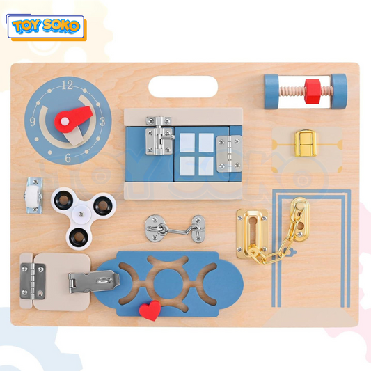 Toddler Busy Board with interactive learning activities for kids