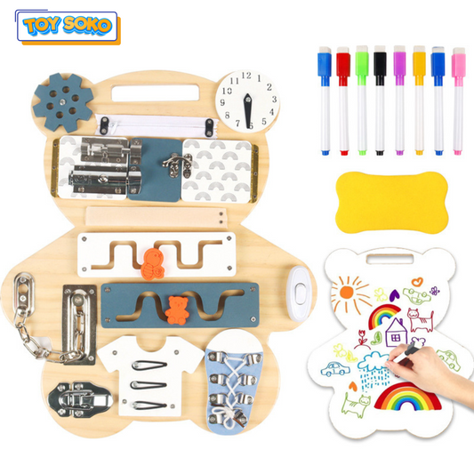 Bear-themed toddler busy board with fun activities