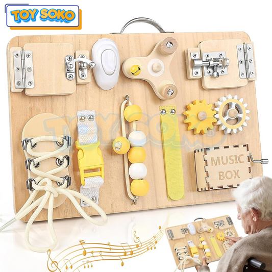 Wooden sensory board for seniors with sensory features like switches, shoelaces, and music box for dementia support.