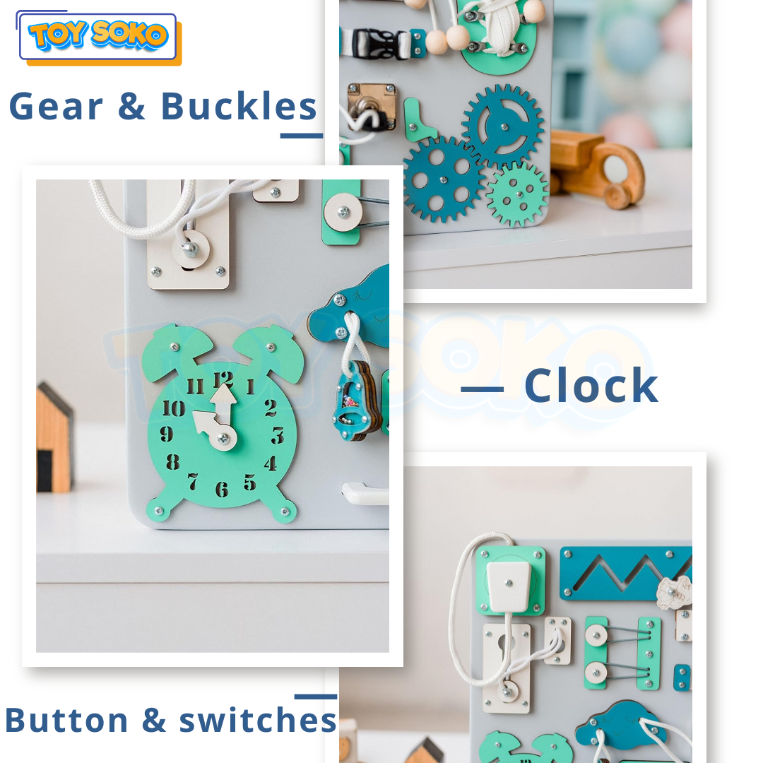 ToySoko Montessori sensory board enhances motor skills with hands-on activities like latches and gears for toddlers.