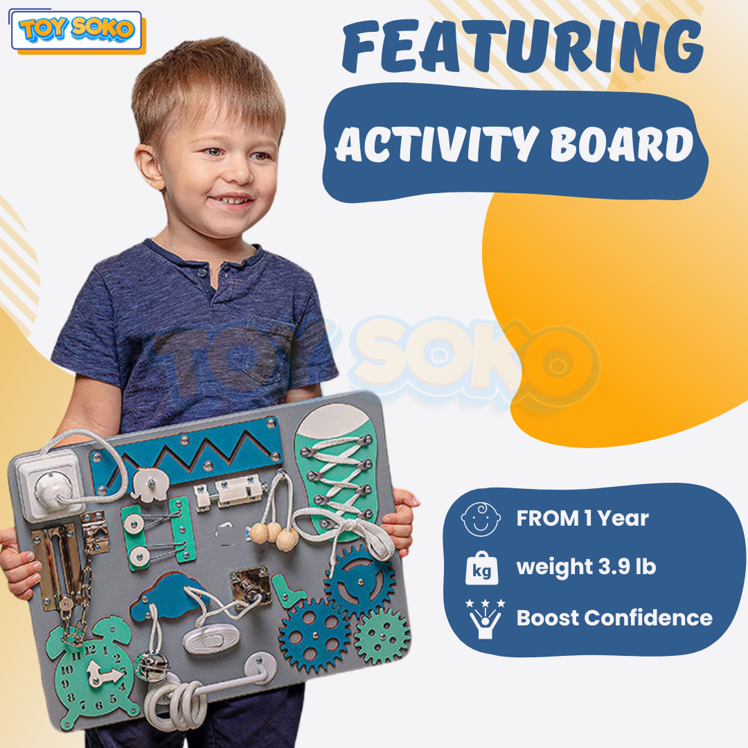 ToySoko Montessori sensory board offers sensory play with multiple interactive elements designed for toddlers.