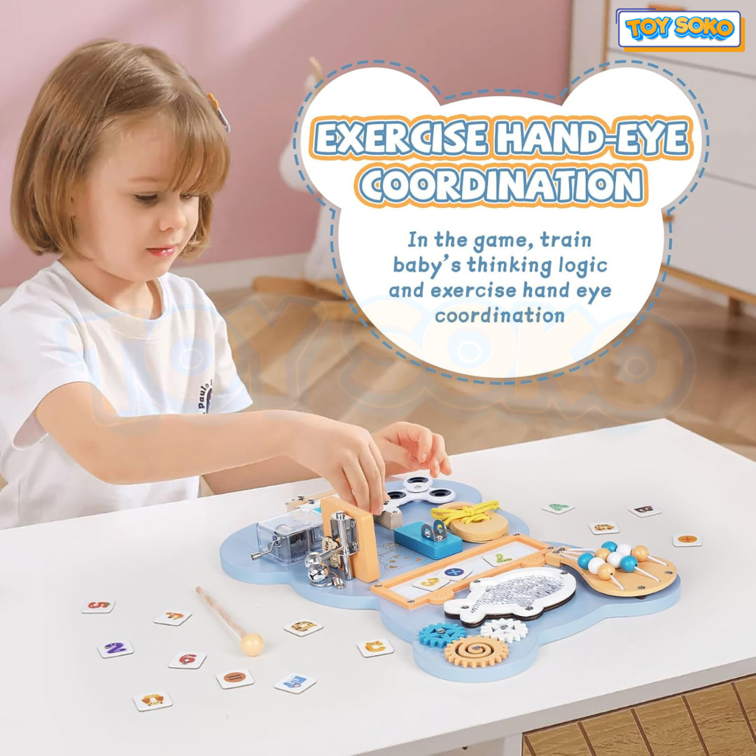 Early education toy for toddlers. Blue Bear Wooden Activity Board helps with English letter recognition and motor skills