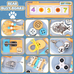 Blue Bear Wooden Activity Board for preschool learning, featuring English letters and sensory activities for toddlers