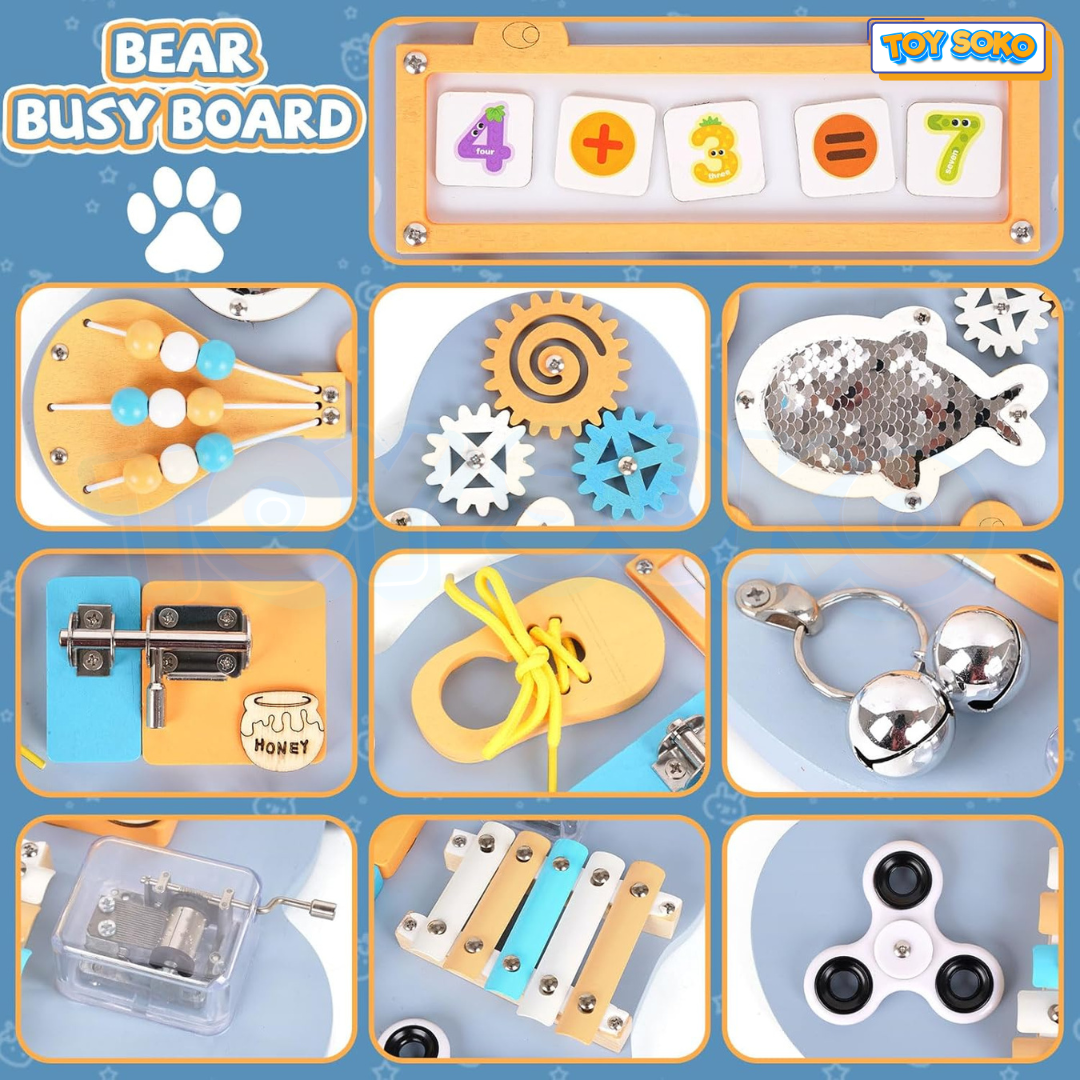 Blue Bear Wooden Activity Board for preschool learning, featuring English letters and sensory activities for toddlers