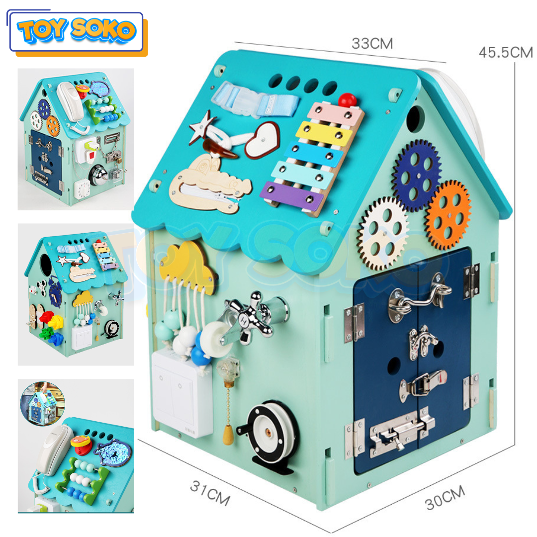Montessori Busy Board with multifunctional toys like phone, gears, abacus, and music box, ideal for toddler development.