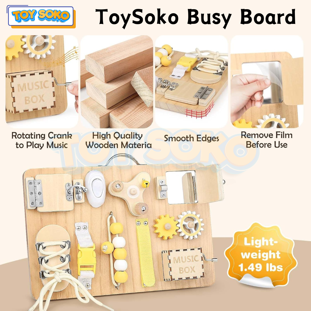 Busy board with sensory tasks like shoelaces and switches, designed to aid motor skill development in seniors.