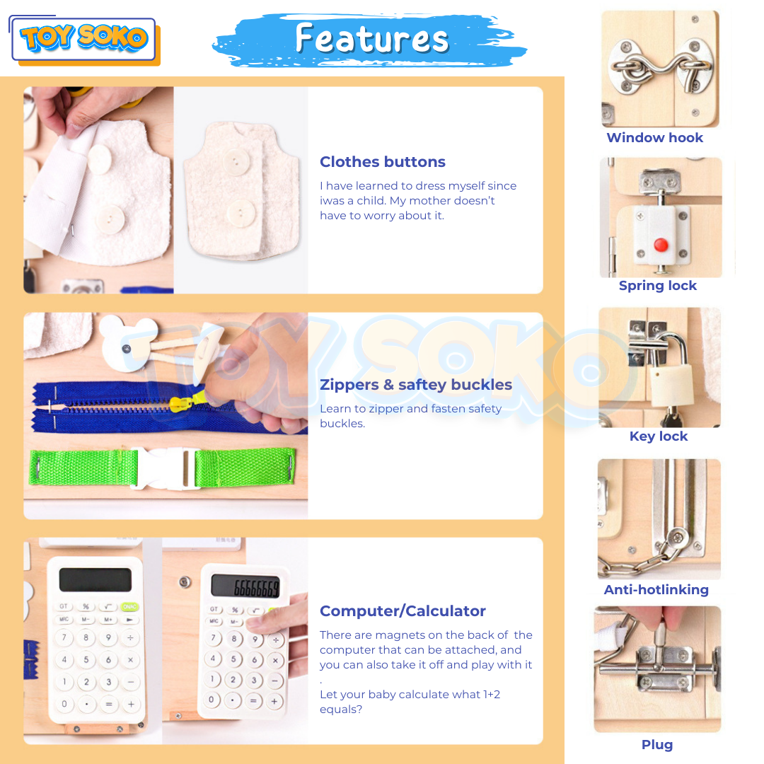 Children's busy board designed for hands-on learning experiences