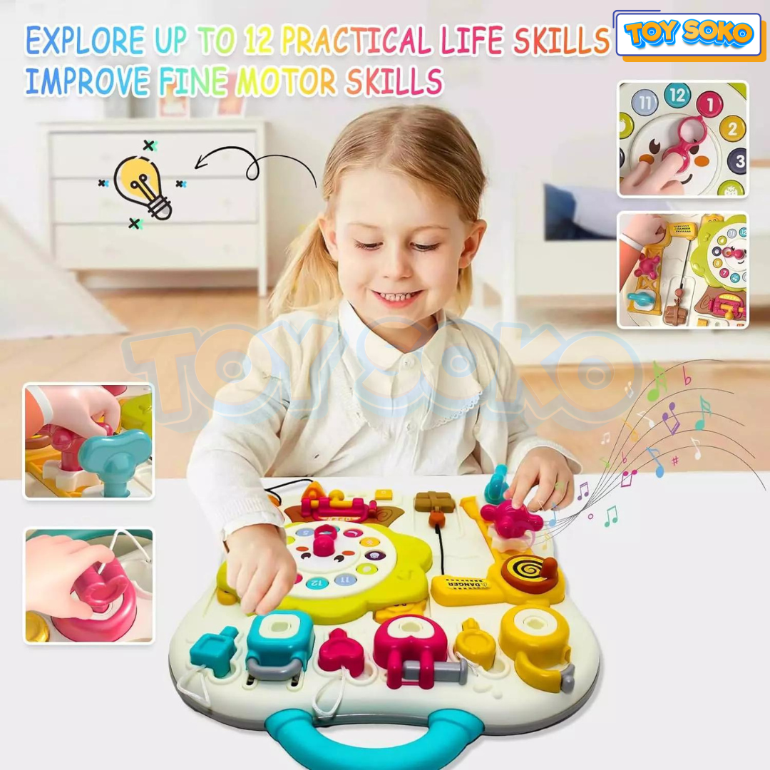 Hands-on Baby Activity Board with light switch and music board, promoting early learning and motor skills in toddlers