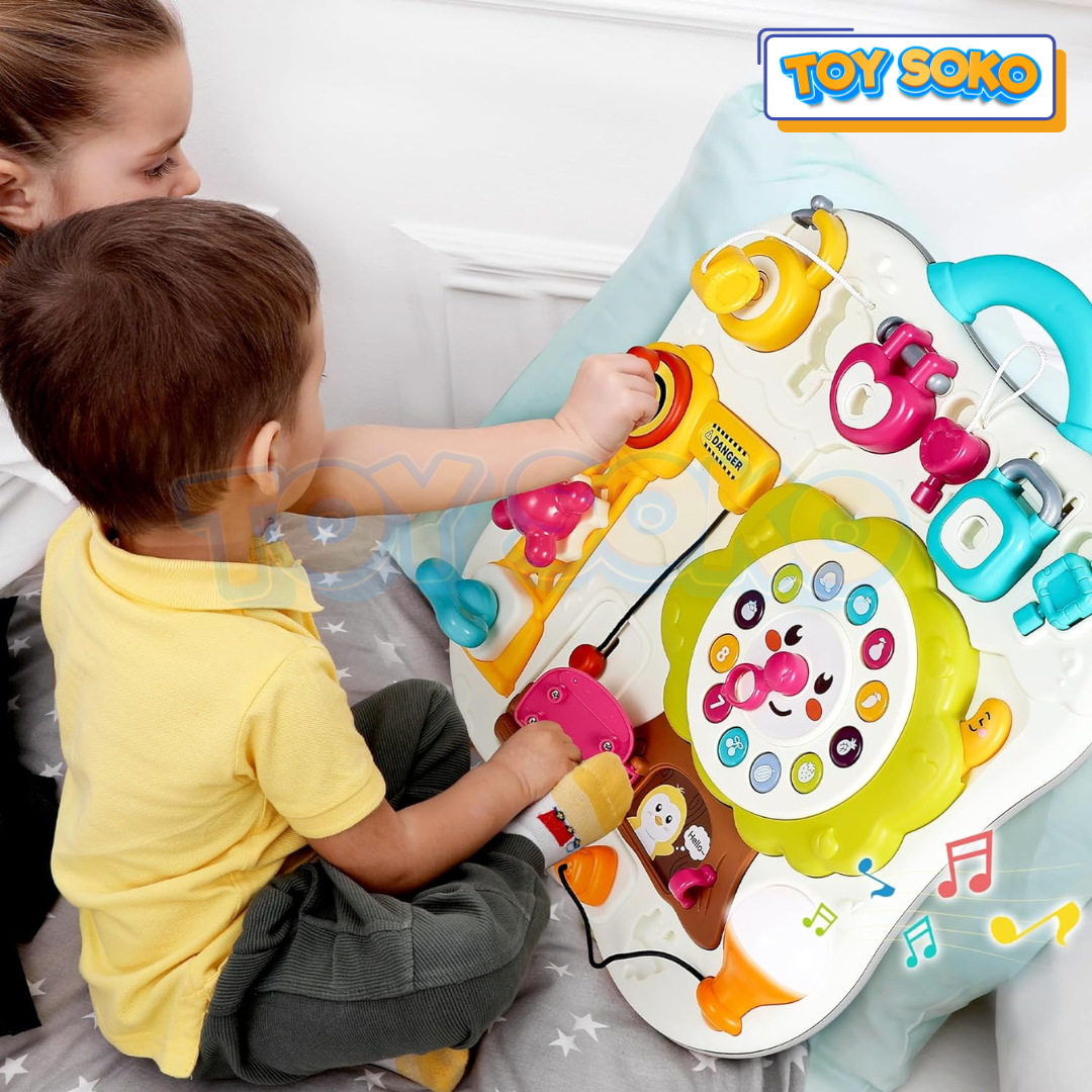 Interactive Baby Activity Board with light and music features, designed to enhance toddler education and sensory development