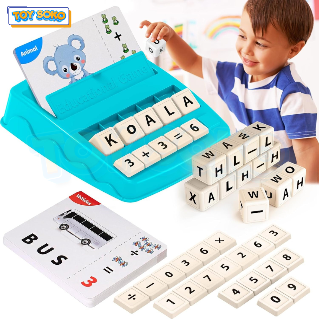 Educational toy with flashcards, letter cubes, and number blocks for spelling and math learning.