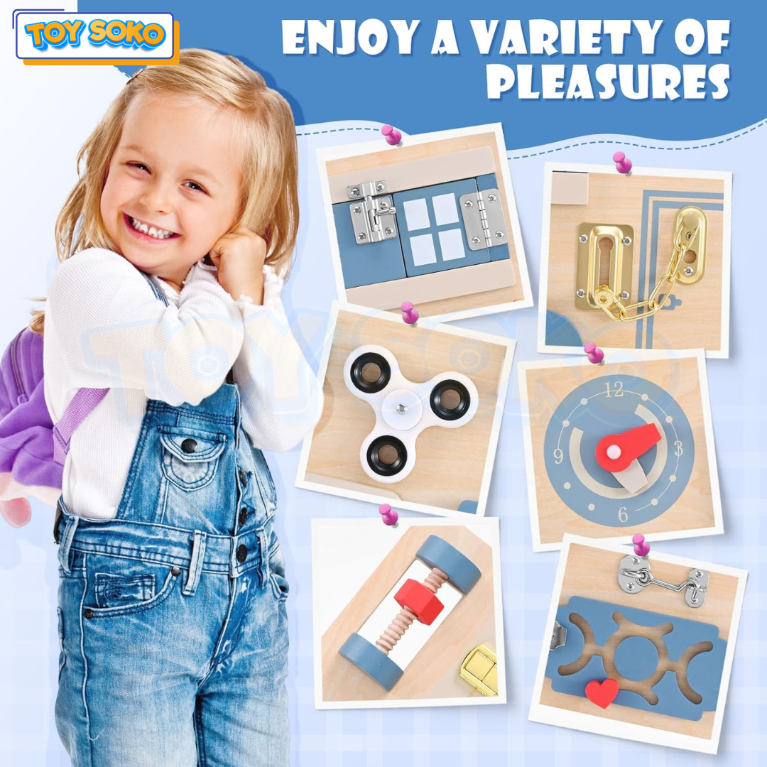 Busy board featuring engaging latches, wheels, and spinners to promote hands-on early learning for toddlers.