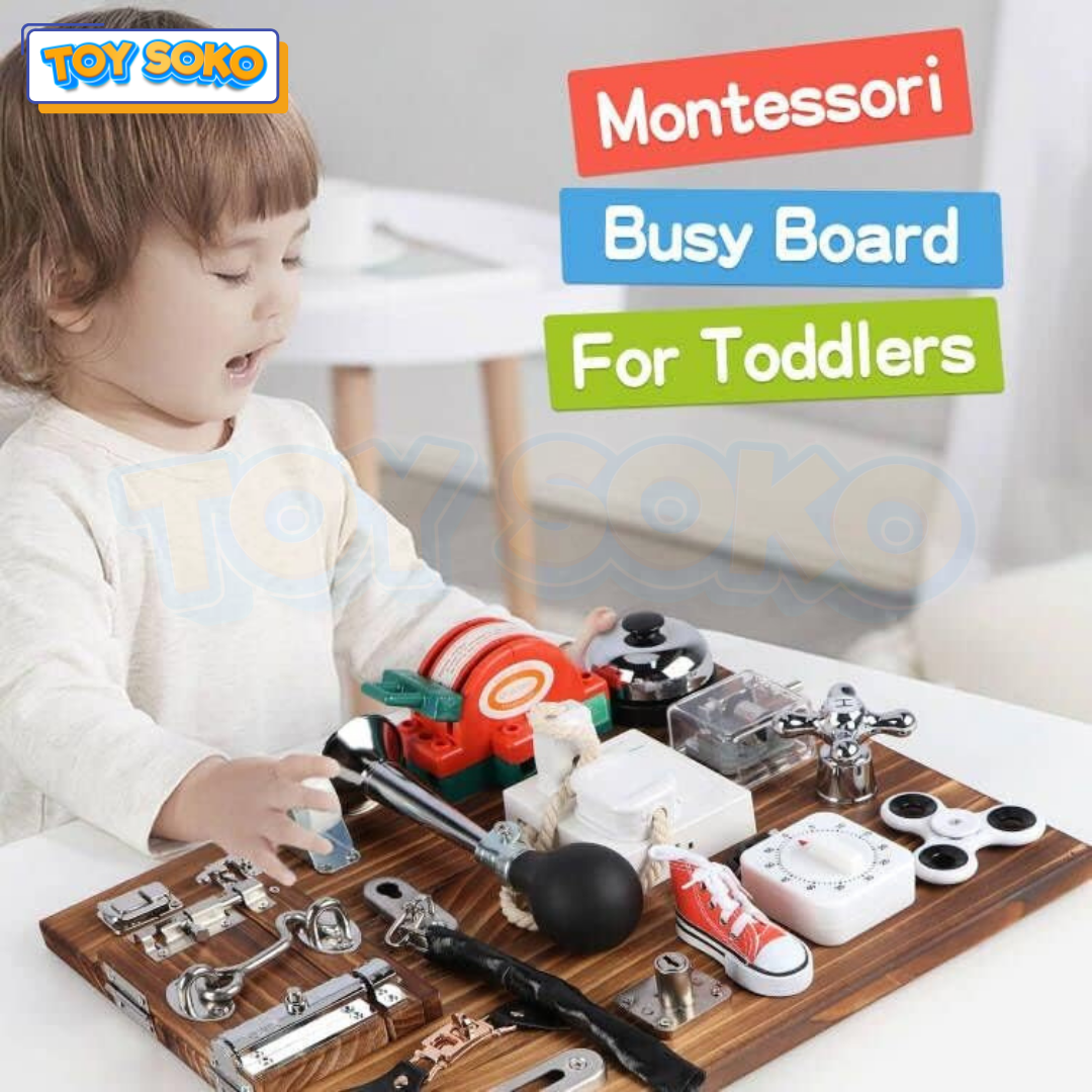 Interactive Montessori Busy Board with 20 hands-on activities, designed to promote sensory learning and fine motor skills