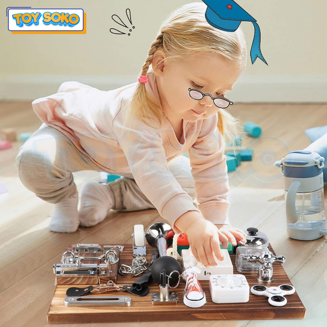 Montessori Busy Board for toddlers with 20 engaging activities, perfect for enhancing early learning and motor skills