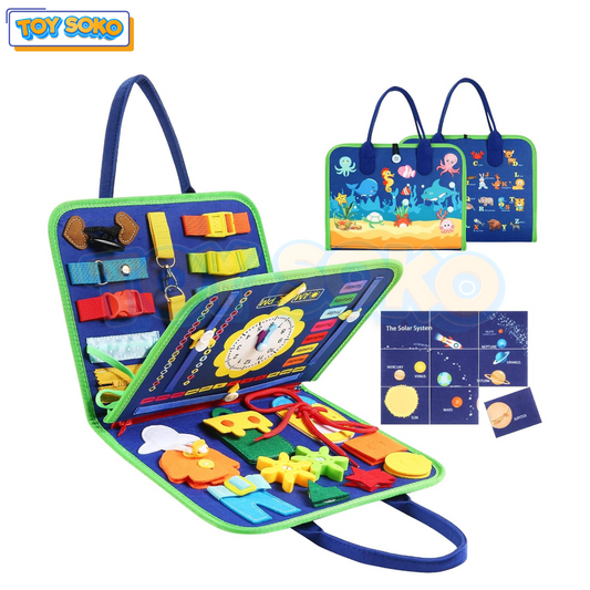 Fun ocean-themed montessori busy board for toddlers with interactive elements