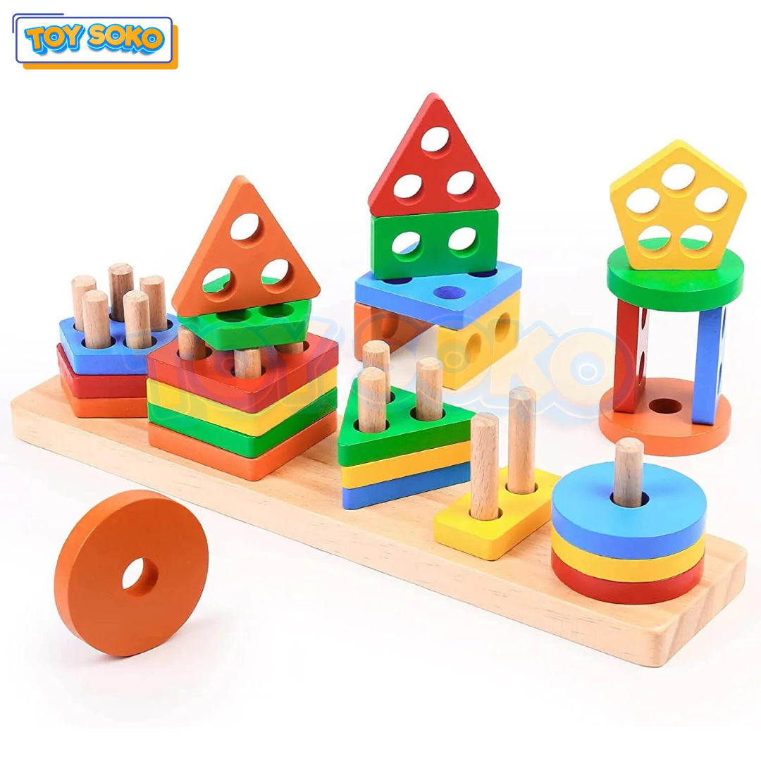 Colorful wooden stacking set designed as infant learning toys