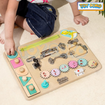 Montessori Busy Board for toddlers, enhancing sensory play and motor skill development through hands-on activities