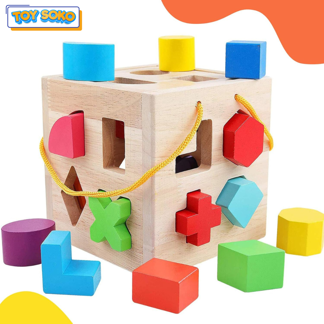 Interactive Puzzle Box for toddlers with geometric shape blocks, encouraging hands-on learning and motor skills