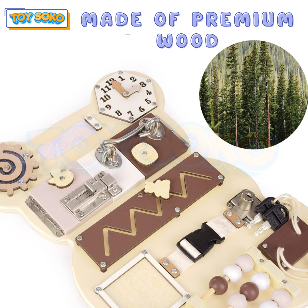 Wooden Toddler toys featuring an interactive bear-shaped busy board