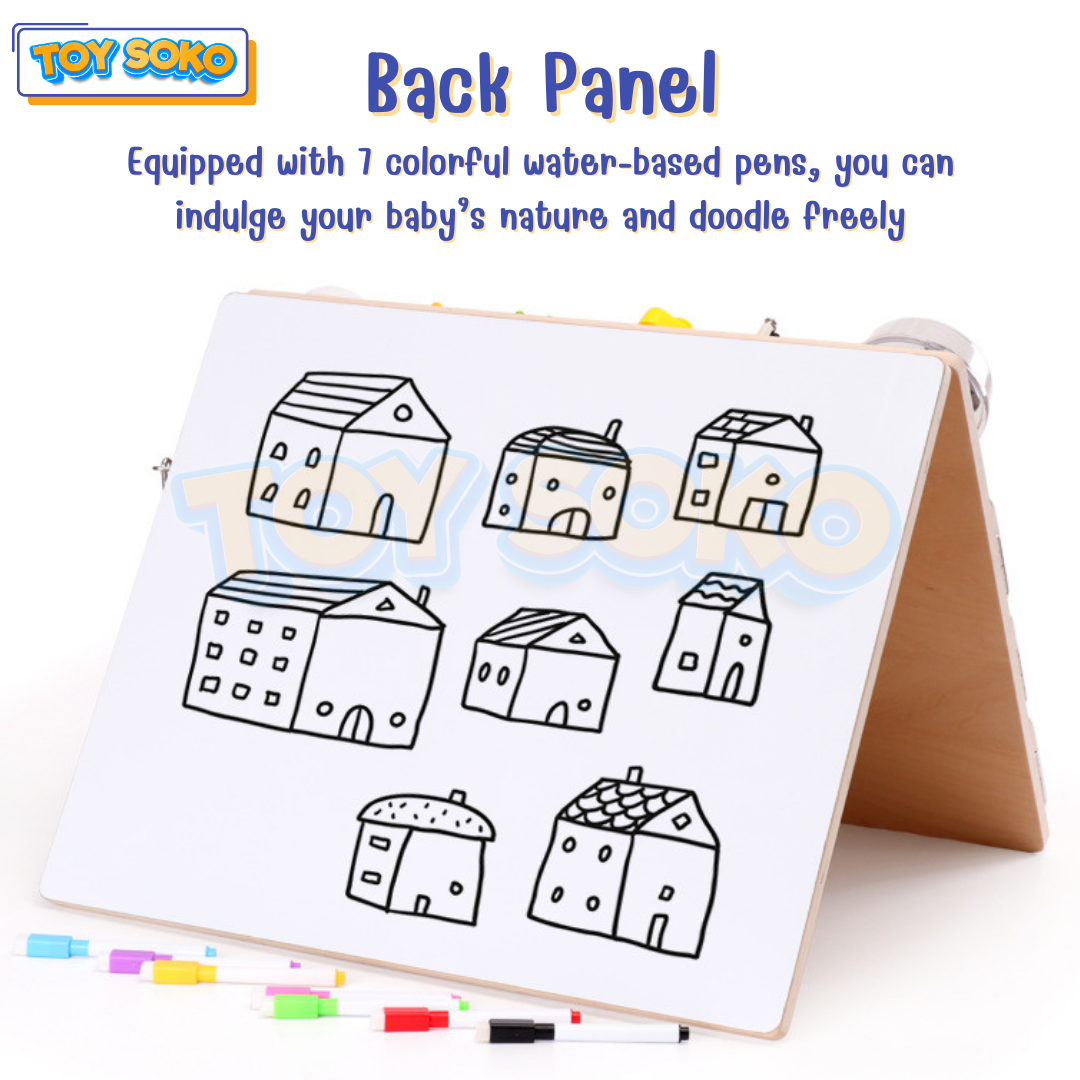 Montessori busy board for toddler, designed to improve fine motor skills through interactive sensory activities.