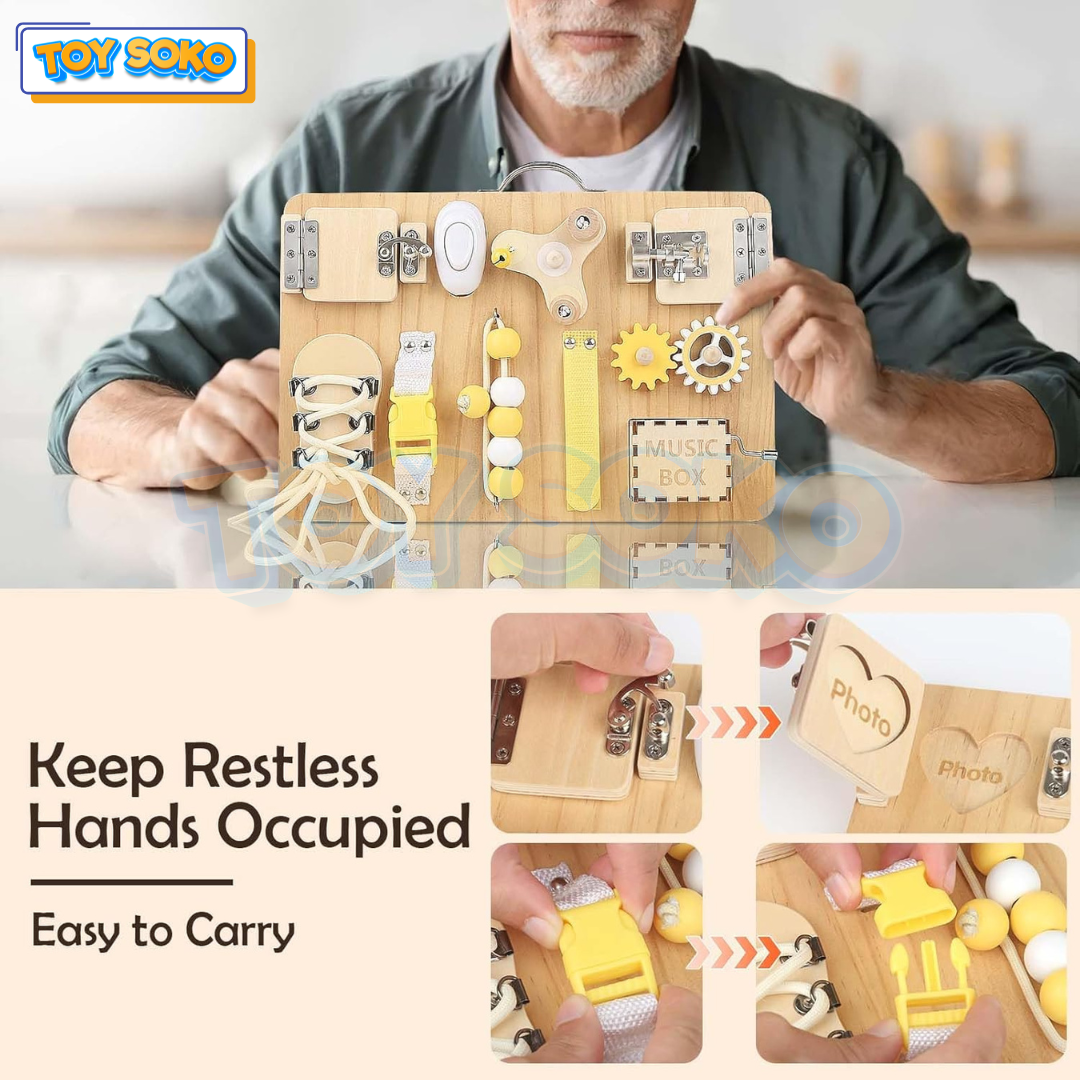 Sensory Fidget Board for toddlers and seniors, designed to stimulate cognitive functions with engaging, hands-on activities.