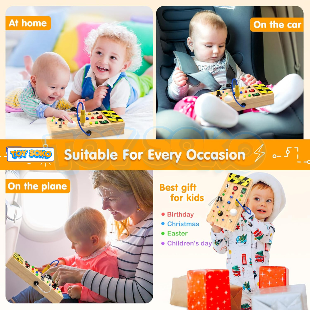 Toys for girls and boys featuring an educational LED light busy board