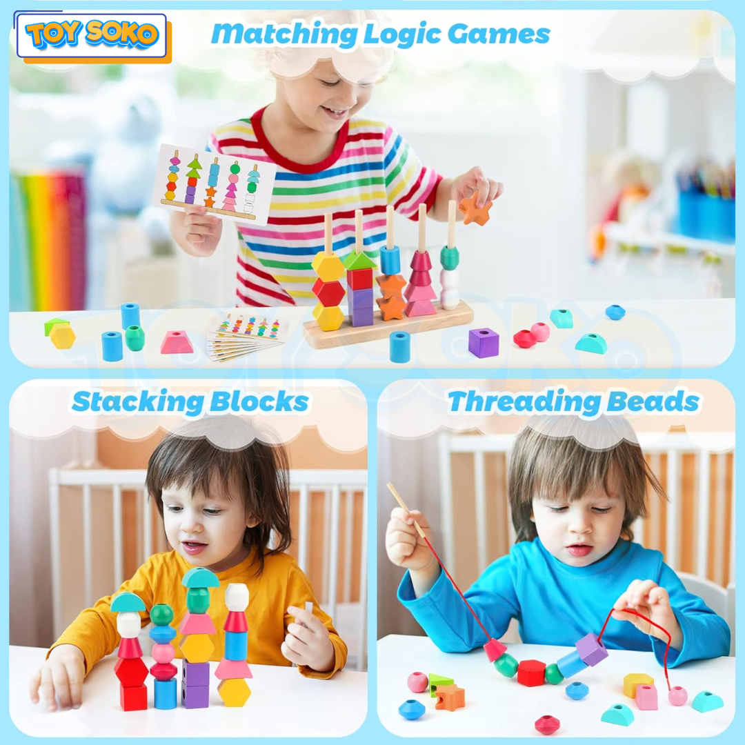 Interactive wooden beads and blocks set for preschool learning, improving matching and cognitive skills