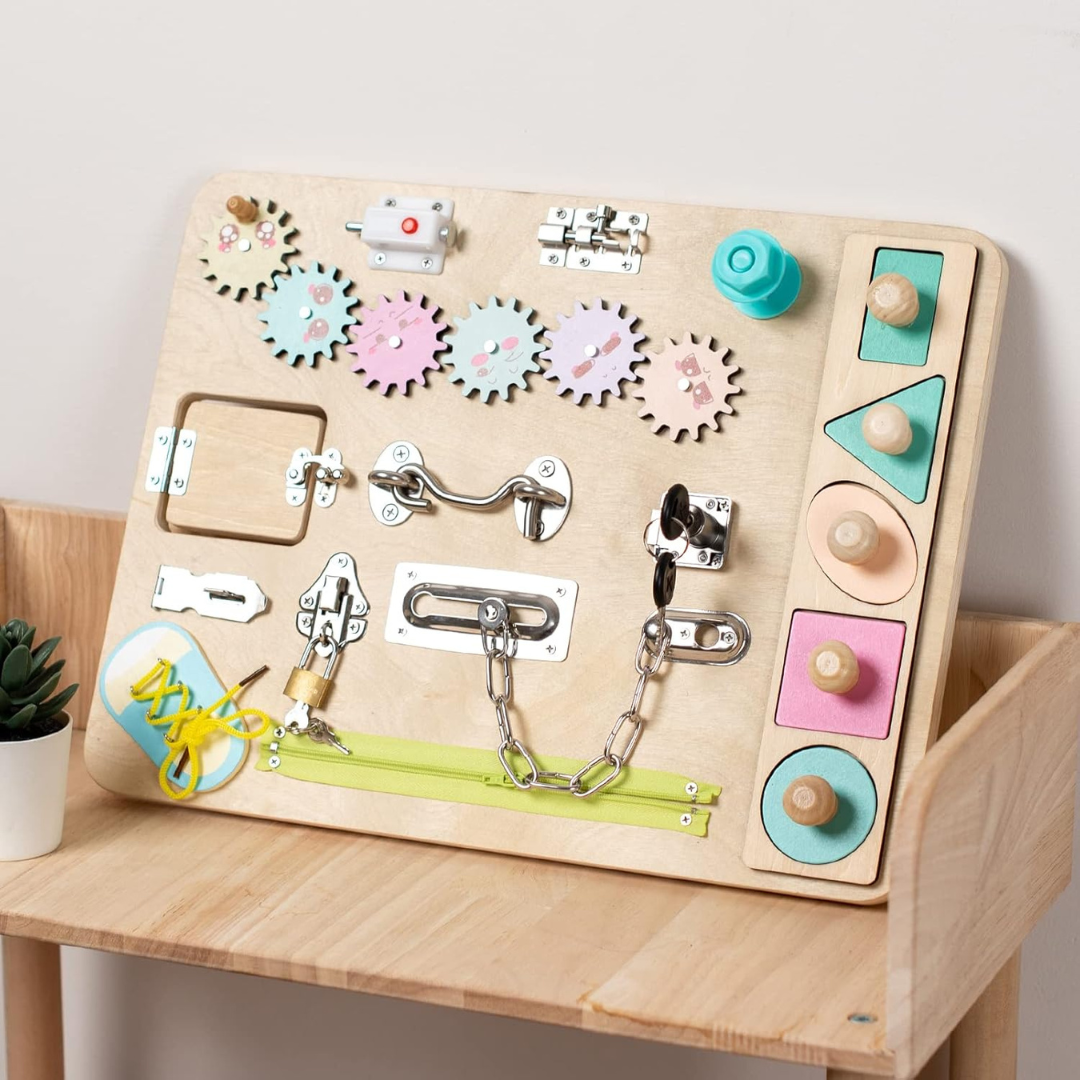 Montessori Busy Board for toddlers designed to boost sensory development and fine motor skills