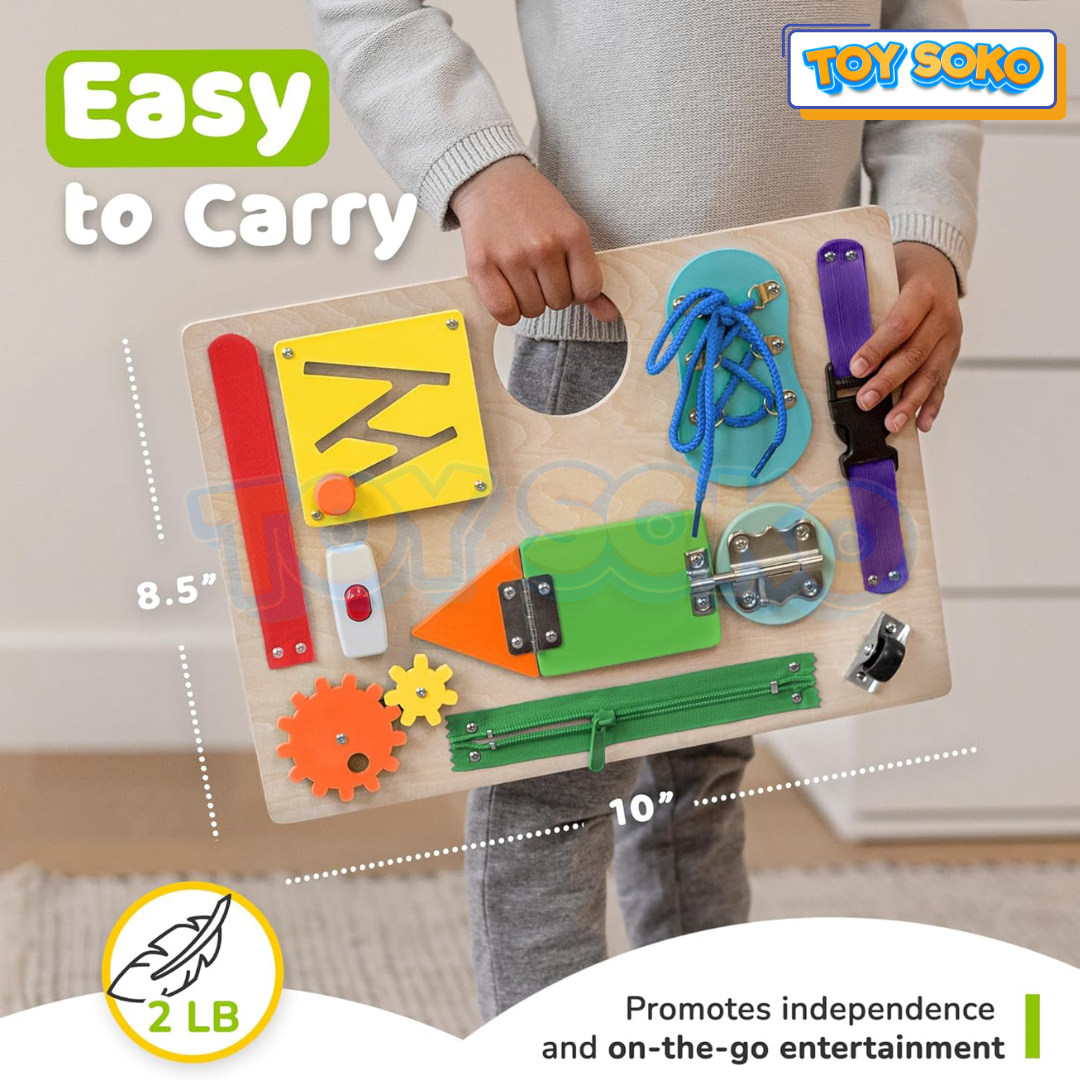 Montessori wooden busy board with interactive learning tools, ideal for early child development and travel play.