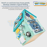 busy board for baby with interactive learning toys like gears, phone, and abacus for toddlers.