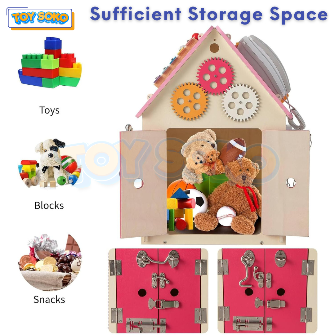 children's busy board with a multifunctional design including gears, phone, and abacus for toddler learning activities.