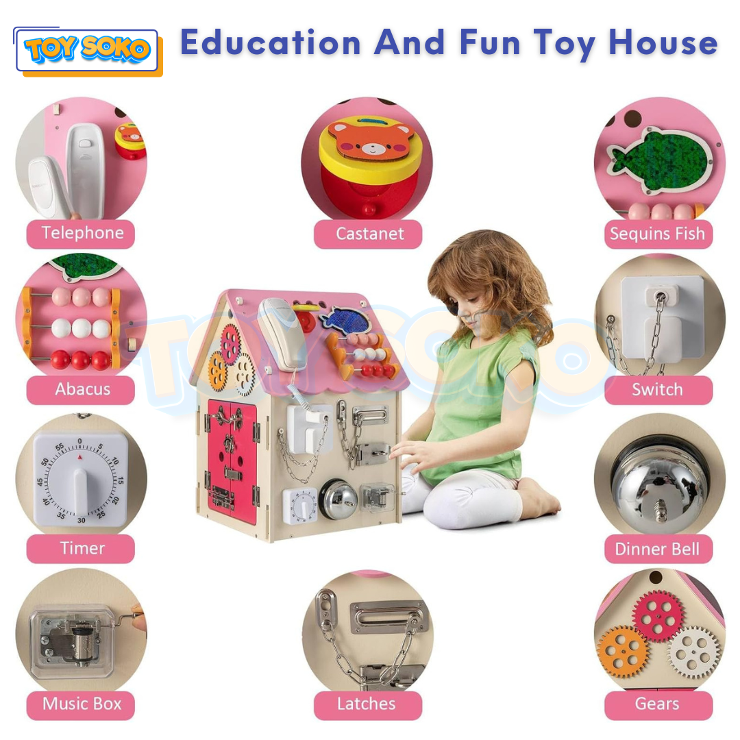 Montessori Board Busy house learning toy with interactive features such as phone, music box etc