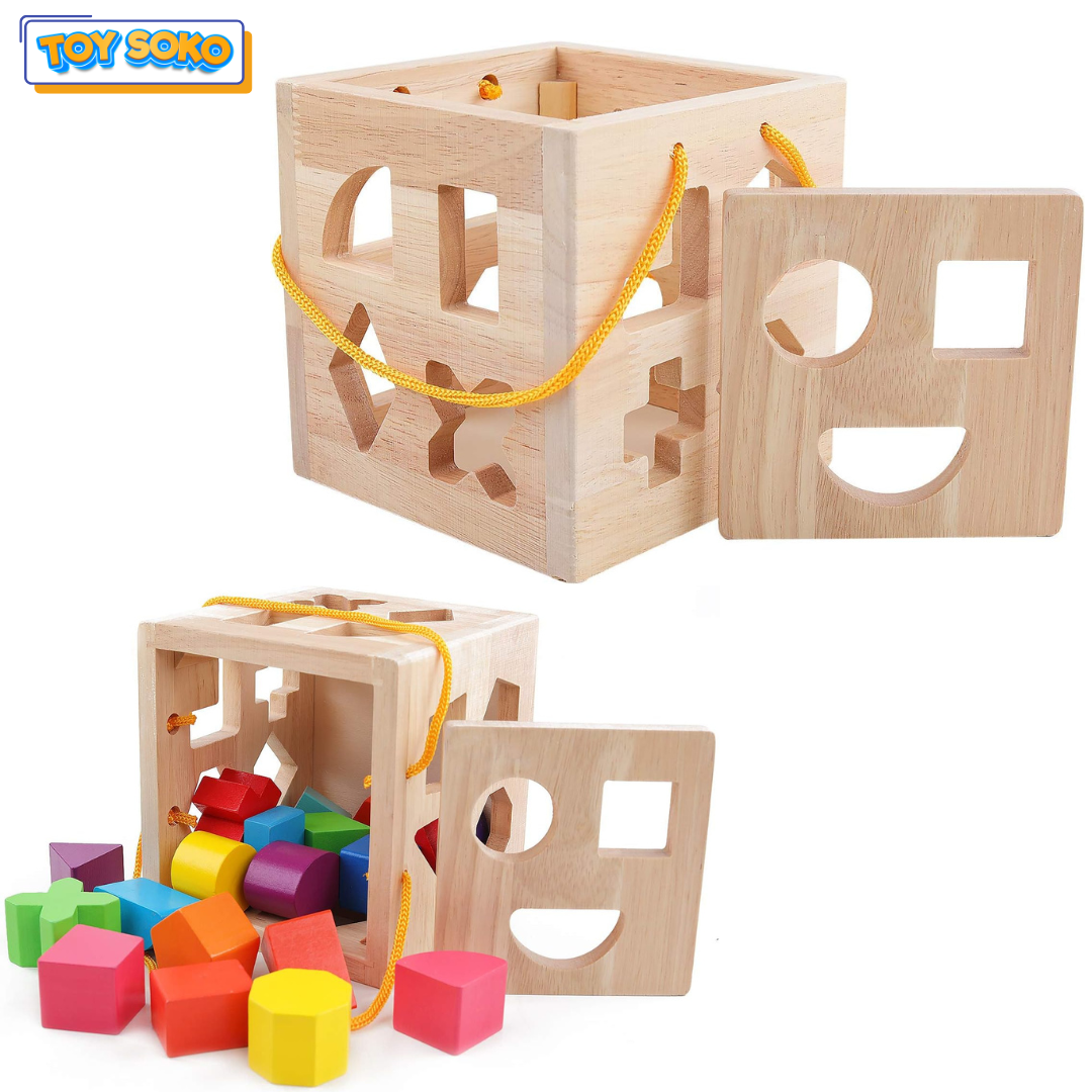 Puzzle box with geometric wooden blocks – Fun cube toys for toddlers